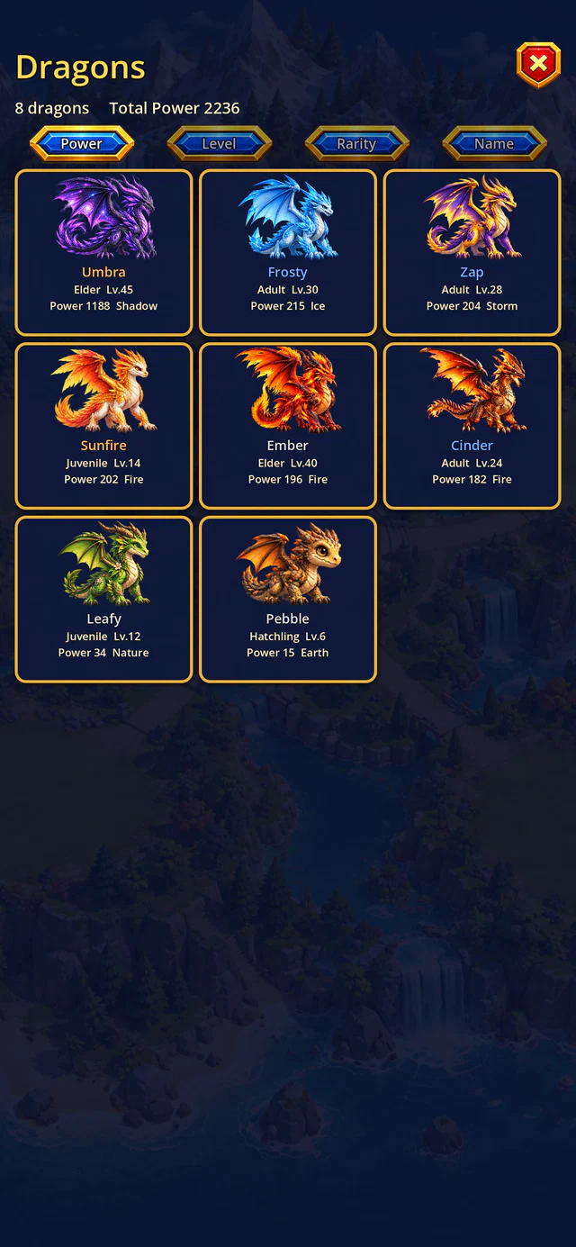 The list of your dragons with their levels and stages.