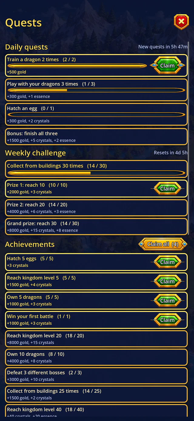 The Quests screen: three daily quests, the weekly challenge with its three prizes, and achievements.
