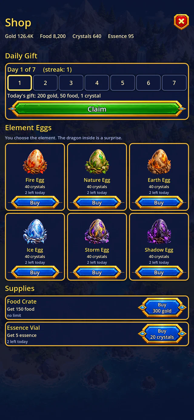 The shop with the daily gift and element eggs.